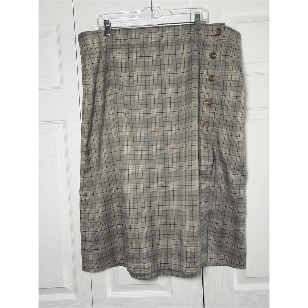 Porridge Plaid Midi Skirt Womens Size 1X Grey Tan Button Career Office Heritage